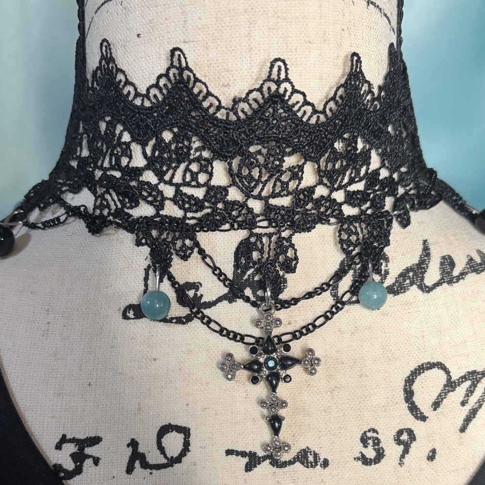 Blue Topaz and Obsidian with Vintage Cross Lace Choker dark romantic cottage